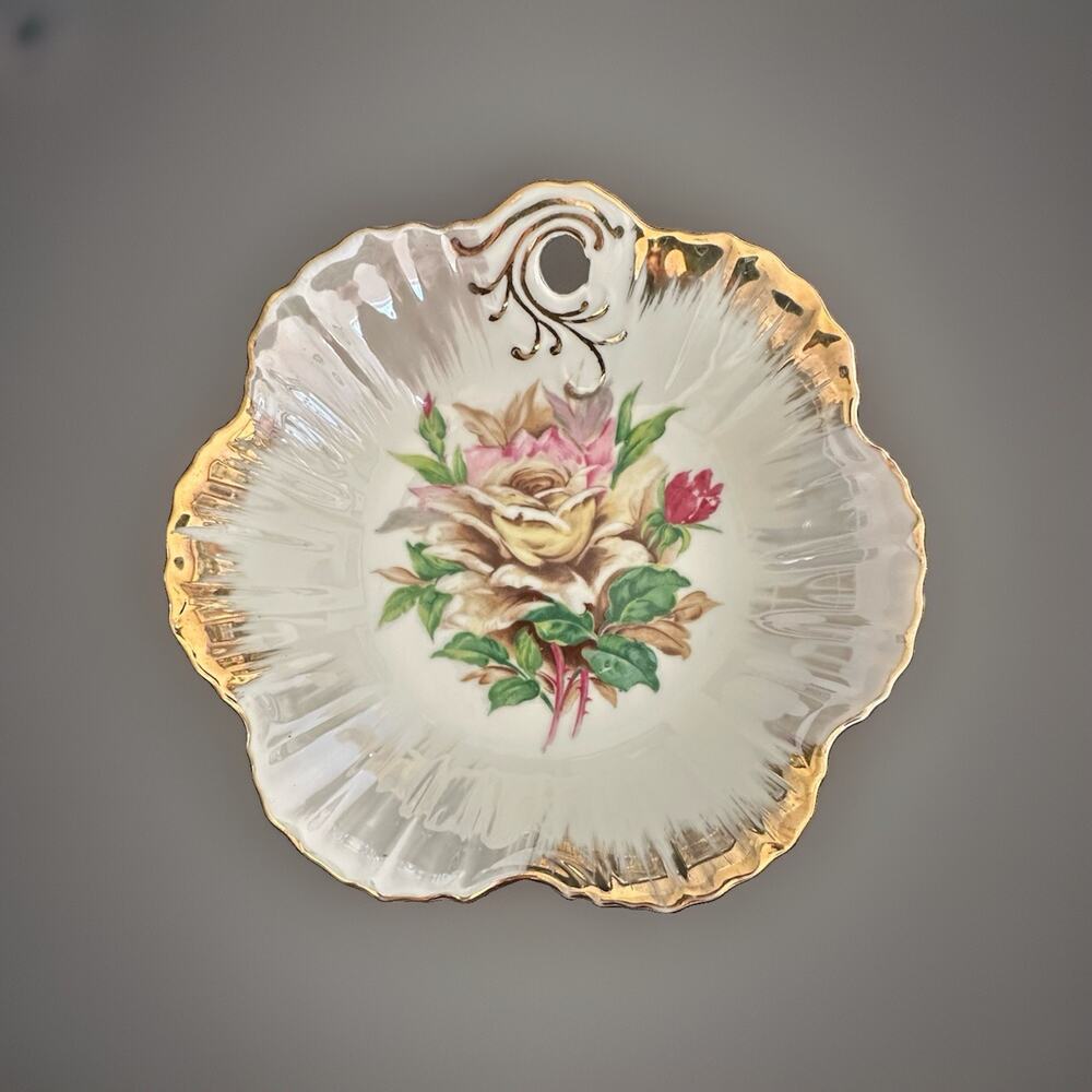 Vintage 1950s Trimont Ware Gold Trim Yellow Rose Trinket Bowl Decorative Dish EC